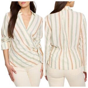 Nic+Zoe Size L Striped Weekly Wrap Woven Top Lyocell Hemp Neutral Multi NEW